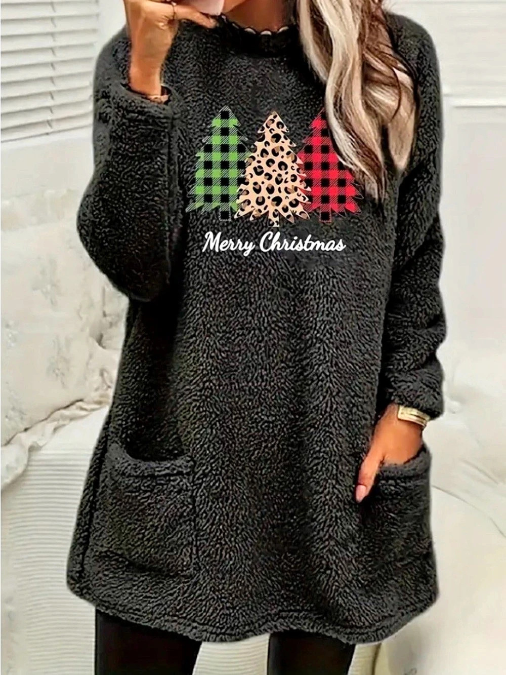Merry Christmas Tree Fleece Tunic Pullover Sweater 2XL Cozy Holiday